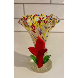 Vintage Murano Style MCM Miniature Vase with Raised Flower